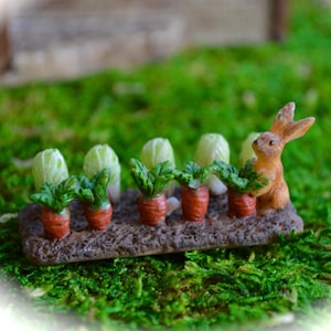 May include: A miniature garden scene featuring a brown rabbit figurine tending to a row of orange carrots with green tops. White cabbage-like plants are also present. The scene is set on a brown base, surrounded by green moss.