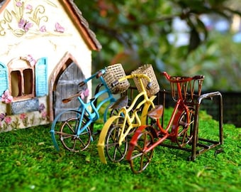 Miniature Bicycle or Bike Rack – Red, Green, Bronze Bikes w/ Basket – Fairy Garden Miniatures
