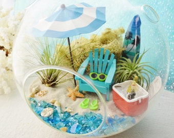 Beach Terrarium Kit ~ 8" Air Plant Terrariums ~ Coastal Living Beach Decor ~ Cooler ~ Umbrella ~ Surfboard ~ Adirondack Chair ~ Unique Gifts