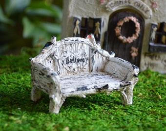 Miniature White Resin Bench for Fairy Gardens – “Believe” Bench with Birds – Tiny Garden Decor