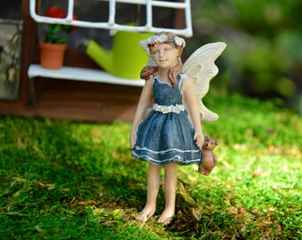 Miniature Fairy with Teddy Bear – 3" Resin Fairy Garden Pick – Cute Fairy Figurine – Mini Garden Fairy Decor