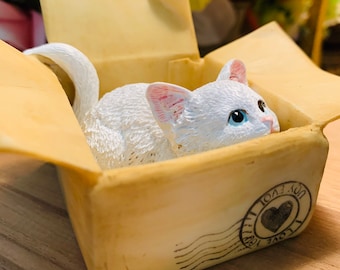 Miniature White Cat in Shipping Box – Fairy Garden, Terrarium, or Miniature Garden Figurine