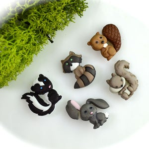 May include: A collection of six woodland animal-themed embellishments. The set includes a skunk, raccoon, squirrel, beaver, and a rabbit. The animals are in various shades of brown, gray, black, and white, with some pink accents. The embellishments are on a white surface.