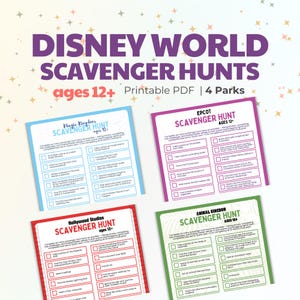 以下が含まれることがあります： 12歳以上向けのディズニーワールド宝探しゲームの印刷可能なPDF。画像には、マジックキングダム、エプコット、ハリウッドスタジオ、アニマルキングダムの4つの異なるパークをテーマにした宝探しゲームシートが表示されています。各シートには課題のリストがあります。