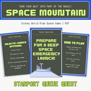 以下が含まれることがあります： ディズニーワールドのスペースマウンテンのアトラクションの待ち列用のデジタルPDFゲーム。 「Starport Queue Quest」というタイトルのゲームには、「Galactic Launch Approval」や「Prepare for a Deep Space Emergency Launch!」などのテキストを含む指示とミッションカードが含まれています。