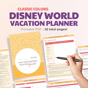 May include: A Disney World vacation planner with a yellow and white cover, featuring the text "Disney World Vacation Planner" in purple. The planner includes a vacation budget worksheet and planning pages. Printable PDF, 35 total pages.