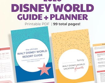 May include: A guide and planner for Walt Disney World in 2026. The cover features the text "2026 DISNEY WORLD GUIDE + PLANNER" in purple. The guide includes a resort guide, vacation planner, and vacation budget worksheet. Printable PDF, 99 total pages.