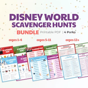 Puede incluir: Un paquete de Búsquedas del Tesoro de Disney World, PDF imprimible para 4 parques. El texto incluye "Disney World Scavenger Hunts Bundle" con rangos de edad 1-4, 5-11 y 12+. Las páginas coloridas presentan varios iconos del parque.