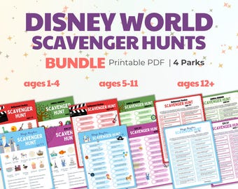 Paquete de búsqueda del tesoro de Disney World, actividad imprimible de Magic Kingdom, EPCOT, Animal Kingdom y Hollywood Studios para todas las edades.