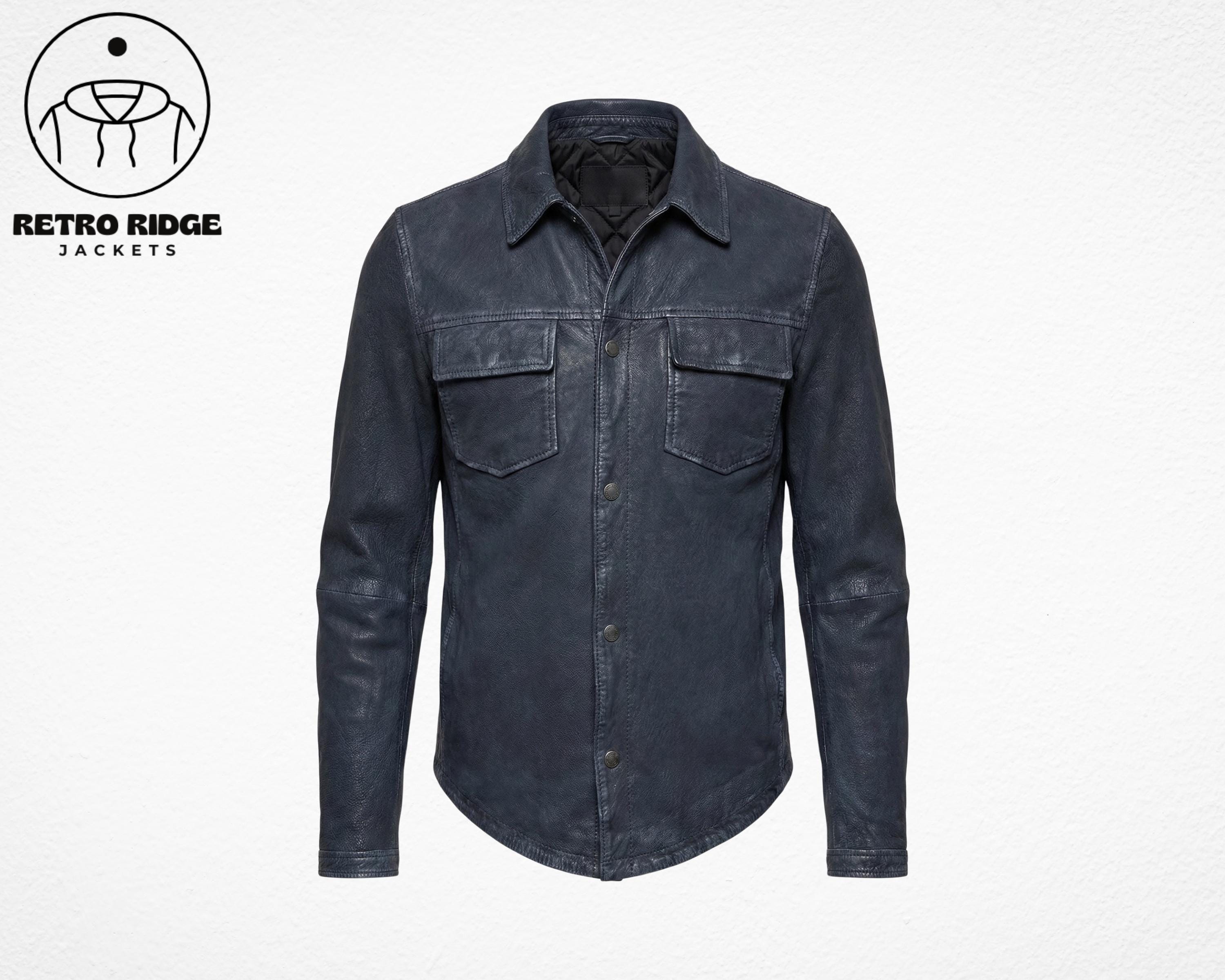 Transmine Blue Ridge Jacket Real Navy Blue Distressed Leather Shirt Jacket Men, Slim Fit Shacket ...