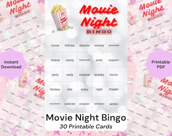 Movie Night Bingo Printable – Party Game for Kids & Adults, 30 Unique Cards