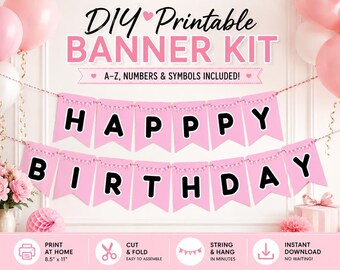 Pink Birthday Banner Kit, DIY Printable Letters, Numbers, Symbols (Instant Download)