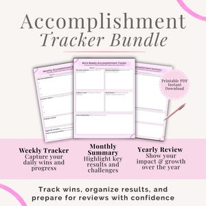 Puede incluir: Un paquete de rastreadores de logros en PDF imprimibles en rosa y blanco. El paquete incluye plantillas de revisión semanal, mensual y anual. El texto en la imagen incluye "Accomplishment Tracker Bundle", "Weekly Tracker", "Monthly Summary" y "Yearly Review".