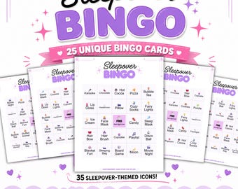 Sleepover Bingo Game, Kids Party Activity, 25 Unique Cards (Instant PDF Download)