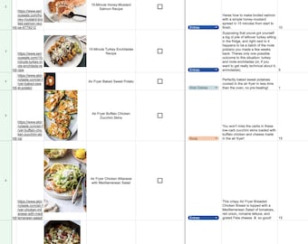 Puede incluir: Una hoja de cálculo titulada "Etsy Recipes" con columnas para URL, foto, nombre de la dieta, curso, descripción, tiempo de preparación, tiempo de cocción, tiempo total, porciones e ingredientes. Las recetas incluyen salmón, pavo, patatas fritas y pollo.