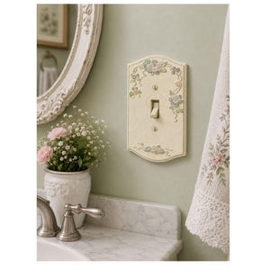 May include: A rectangular light switch plate with a cream-colored textured surface featuring a raised floral pattern in pastel pink, blue, and green. The plate has a scalloped top and bottom edge and is secured with two matching metal screws.