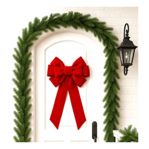 May include: A festive holiday door decoration featuring a large red velvet bow centered on a white door. The door is framed by a green garland, with a black lantern and white brick wall in the background. A classic Christmas theme.