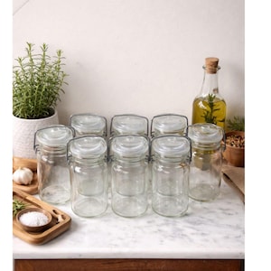 Mini Glass Jars Set of 8 with Clamp Lids, Wheaton USA 220ml Airtight Jars, Wedding Favor Jars, Spice Storage, Rustic Kitchen Decor