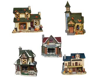 Vintage Village Christmas & Harvest House | Spooky Town Thanksgiving Fall Decor | Vintage Miniature House Figurine Holiday Decor