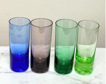 Vintage Colored Shot Glasses Set of 4 | Mid Century Modern Cordial Glasses | Blue Purple Green Retro Barware | Bar Cart Decor