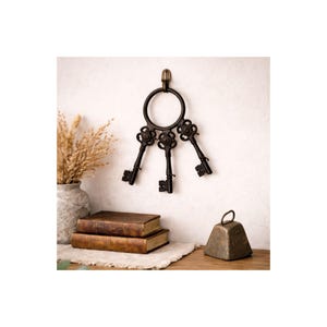 Skeleton Key Wall Decor & Key Holder with Rustic Bell | Cast Iron Hanging Key Ring | Farmhouse Gothic Old World Decor