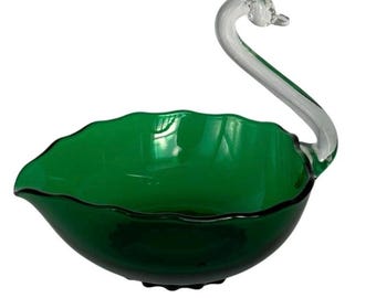 Vintage Green Glass Swan Bowl | Wedding Ring Dish, Bridal Vanity Trinket Bowl, Elegant Mid-Century Home Decor
