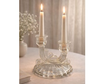 Candelabro doble vintage de vidrio transparente / Candelabro Art Déco de dos brazos / Decoración de mesa de boda / Adorno romántico para repisa de chimenea