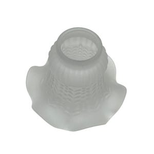 May include: Frosted glass lampshade with a ruffled edge. The lampshade has a textured, woven pattern on the body and a smooth, rounded opening. The shade is a soft, translucent white.