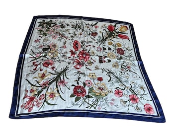 Vintage Blumen Schal, Blaue Border Blumendruck Mode Accessoire, Mehrzweck Schal, Geschenk für Sie