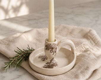 Handmade Studio Pottery Candle Holder with Handle, Neutral Ceramic Fern Design, Wabi Sabi Decor, Rustic Farmhouse Taper Candle Holder