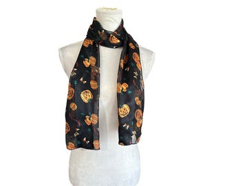 Halloween Pumpkin and Bat Scarf | Lightweight Satin Scarf | Jack O' Lantern Print | Spooky Season Accessories | Goth Fall Fashion Gift