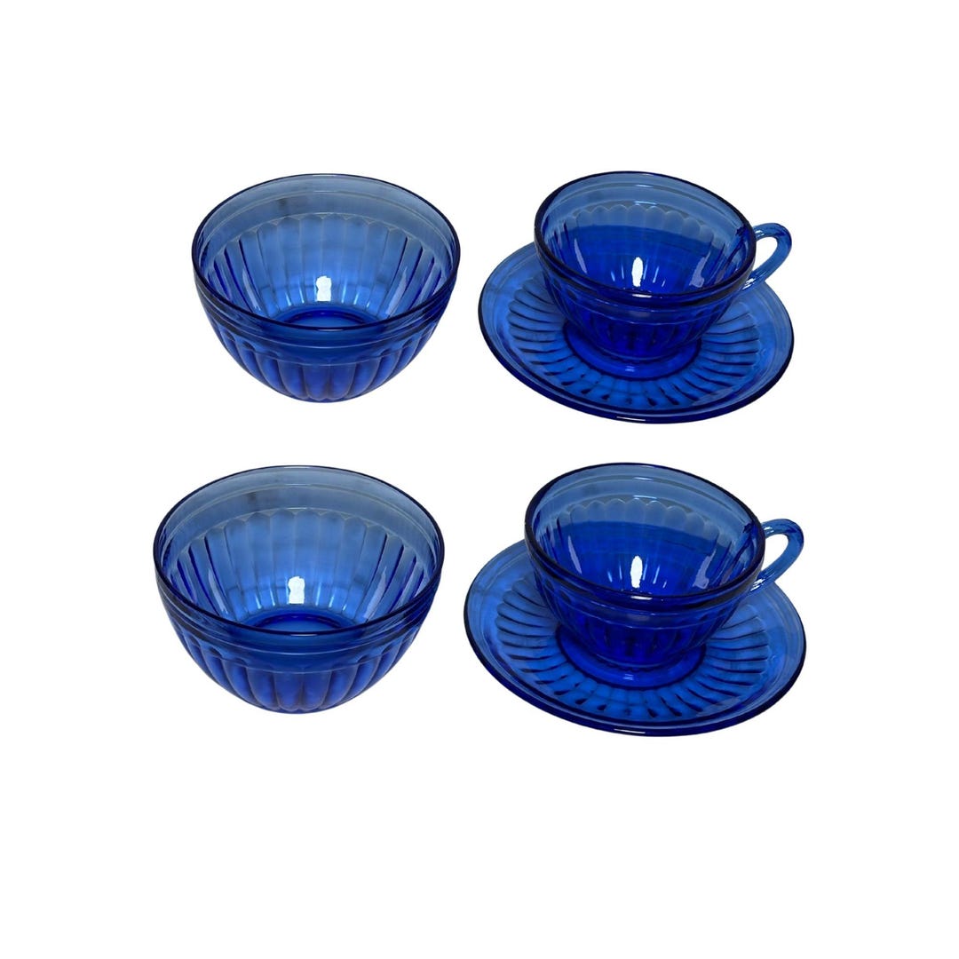 Vintage Cobalt Blue Glass Tea Set | Mid Century Pressed Glass Teacups ...