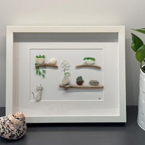 Curious Cat & Plants – Framed Sea Glass Art (8x10)