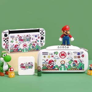 May include: A collection of Super Mario-themed accessories, including a white Nintendo Switch console, a carrying case, and a small charging case, all decorated with Mario and Yoshi graphics. Several Mario figurines and a question block are also present.