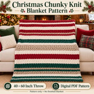 Könnte beinhalten: Eine grob gestrickte Decke mit horizontalen Streifen in Rot, Creme und Dunkelgrün. Der Text lautet Christmas Chunky Knit Blanket Pattern, 40 x 60 Inch Throw, Digital PDF Pattern und Pattern only - No finished blanket.