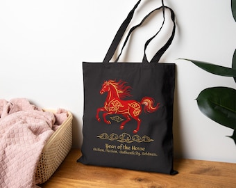 Year of the Fire Horse Canvas Tote Bag | Lunar New Year Gift , Prosperity Strength Fortune | Year of the Horse Gifts