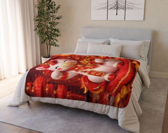 Lucky Unicorn Year of the Horse Fleece Sherpa Blanket | Lunar New Year Decor | Maneki Neko Horse