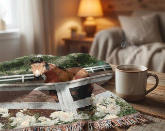 Horse at Fence Woven Blanket | Vintage Ranch Floral Stable Equestrian Throw | Equestrian Decor