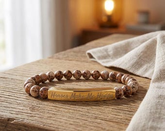 Horses Make Me Happy - Natural Stone Stretch Bracelet | Hand Engraved Bead Bracelet for Horse Lovers