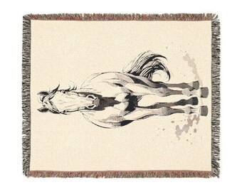 Watercolor Horse Illustration Woven Blanket | Vintage Ranch Equestrian Throw | Equestrian Decor