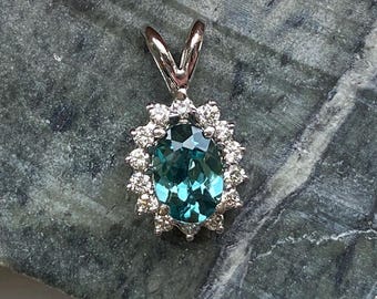 Blue Indicolite Tourmaline and Diamond Halo Pendant in 14k White Solid Gold