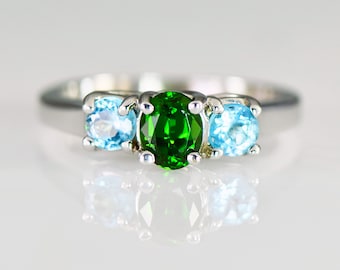 Chrome Diopside and Blue Topaz Three Stone 14K White Gold Ring