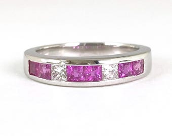 Pink Sapphire & Diamond Princess Cut 14K White Gold Band