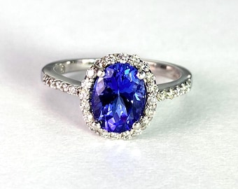 Tanzanite and Diamond Halo Ring in 14k White Solid Gold