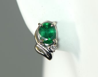Emerald and Diamond 14k White Solid Gold Stud Earrings