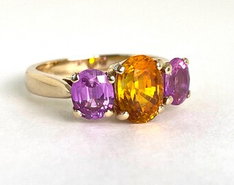 Padparascha Sapphire and Pink Sapphire 14K Yellow Solid Gold Ring