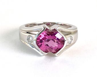 Pink Tourmaline 2CT and Two Diamonds 14k White Solid Gold Ring