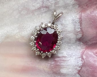 Rubellite Red Tourmaline and Diamond Halo Pendant in 14k White Solid Gold