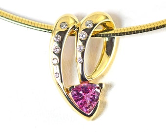 Pink Sapphire and Diamond 14K Yellow Solid Gold Pendant Slide