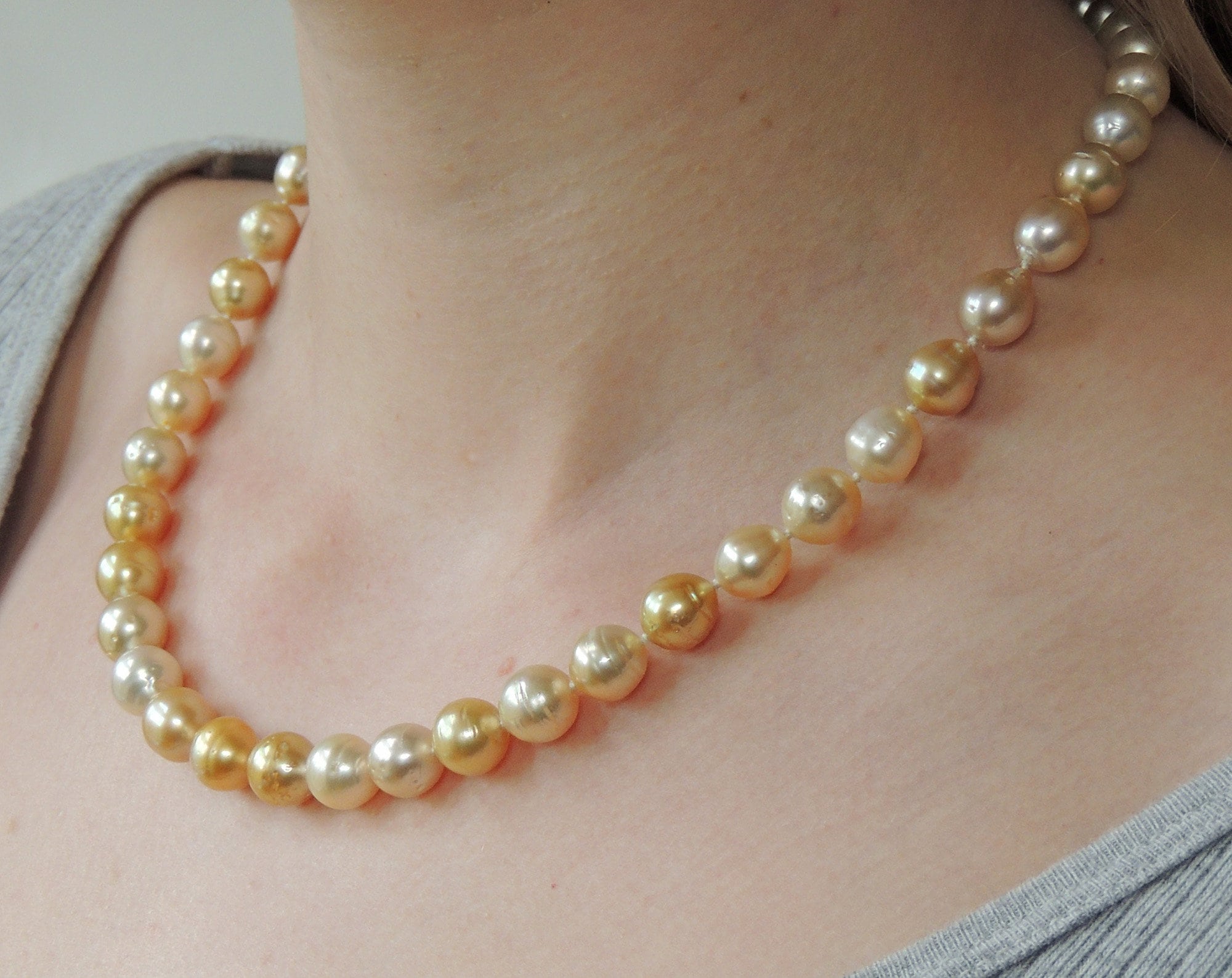 Golden South Sea Pearl Necklace Graduating from 8.2 to 9.8 mm 18 inch Length 14K Yellow Gold Diamond Clasp
